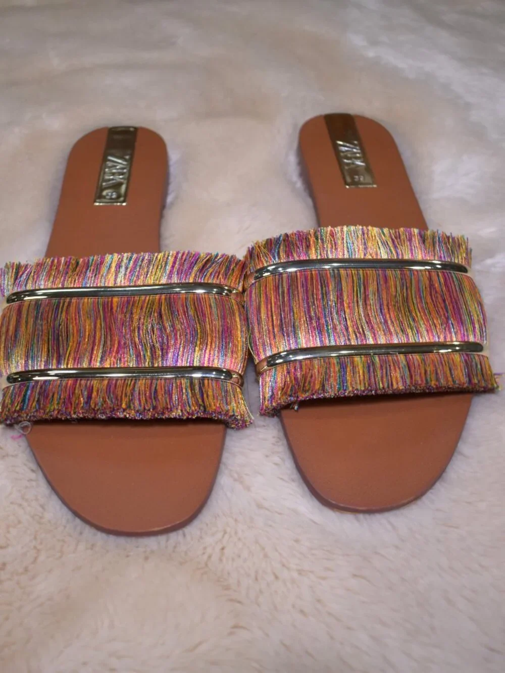 Zara Colorful Fringe Slide Sandals Size 39/8 Boho Summer Vacation Flats - Picture 9 of 12